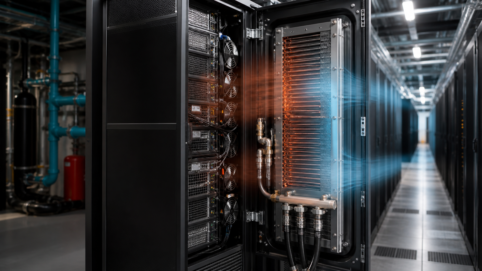 AI 냉각③ — Rear-Door Heat Exchanger: 뜨거운 공기를 랙 뒤에서 바로 잡는다 대표 이미지