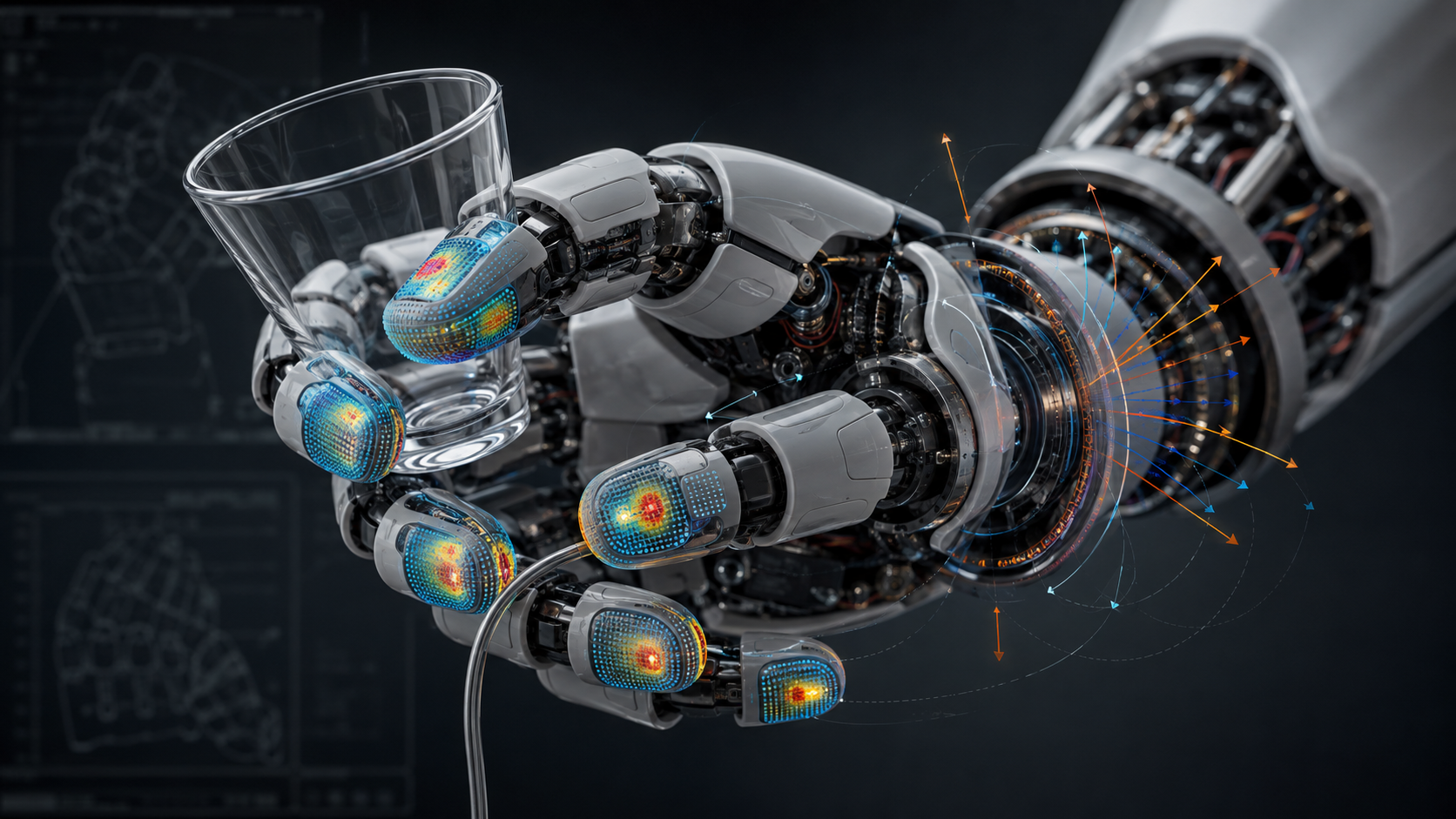 로봇 손가락 촉각센서와 손목 힘 토크 센서가 유리컵 접촉을 감지하는 모습