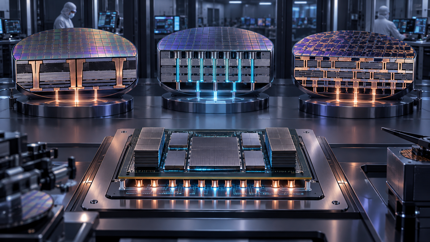 TSMC A16과 Intel 18A, Samsung SF2Z의 서로 다른 후면 전력공급 접근법을 상징하는 반도체 구조